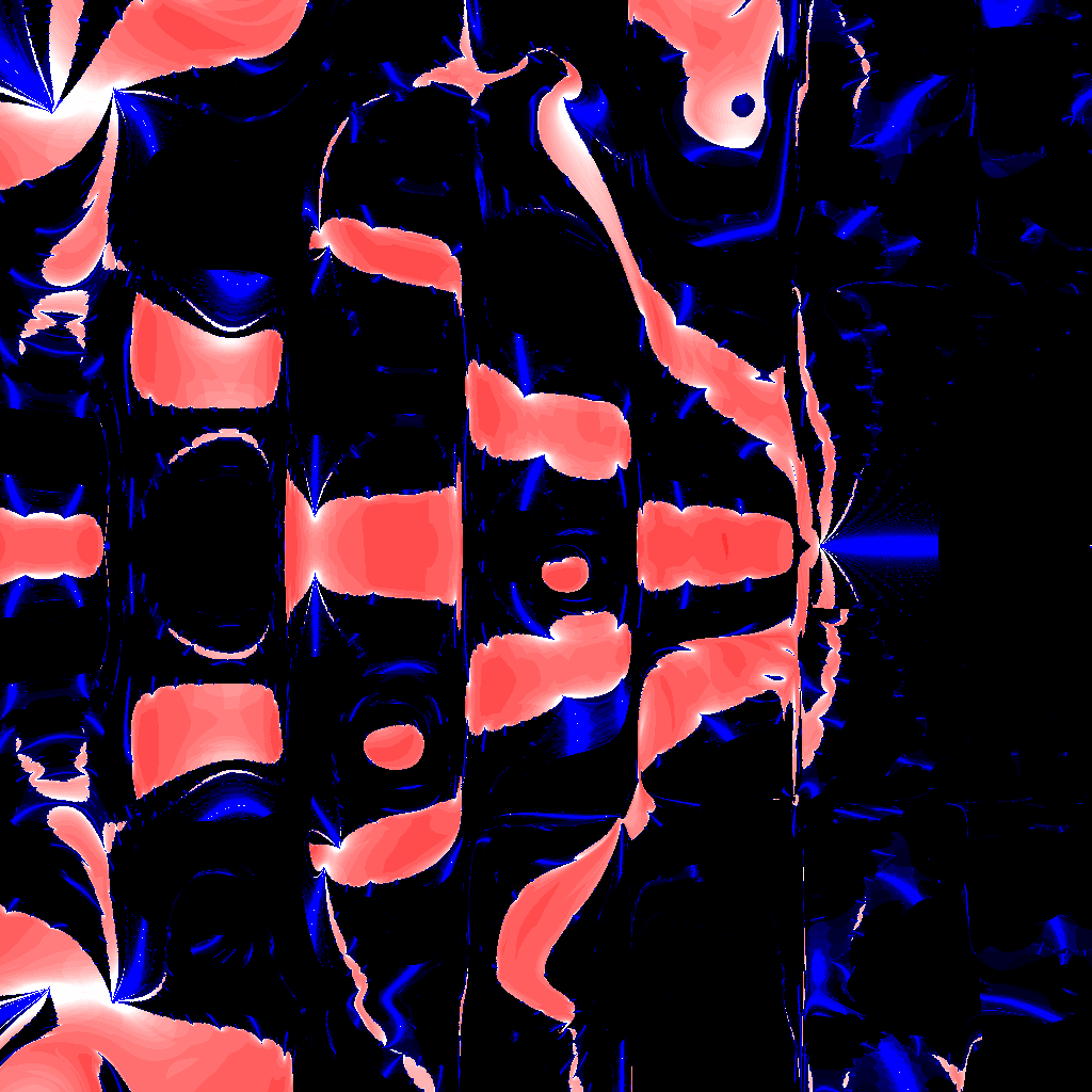 Another distorted Bers slice image resulting from a bug in Bear.  This is the discreteness locus in a very strange (non-holomorphic) slice of the representation variety.