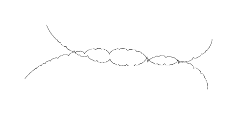 Overlap of cuspy curves:  These roughly self-similar curves are shaped like a cardioid at a dense set of points.  Curves like this form the boundary of the discreteness locus in a slice of the punctured torus representation variety.