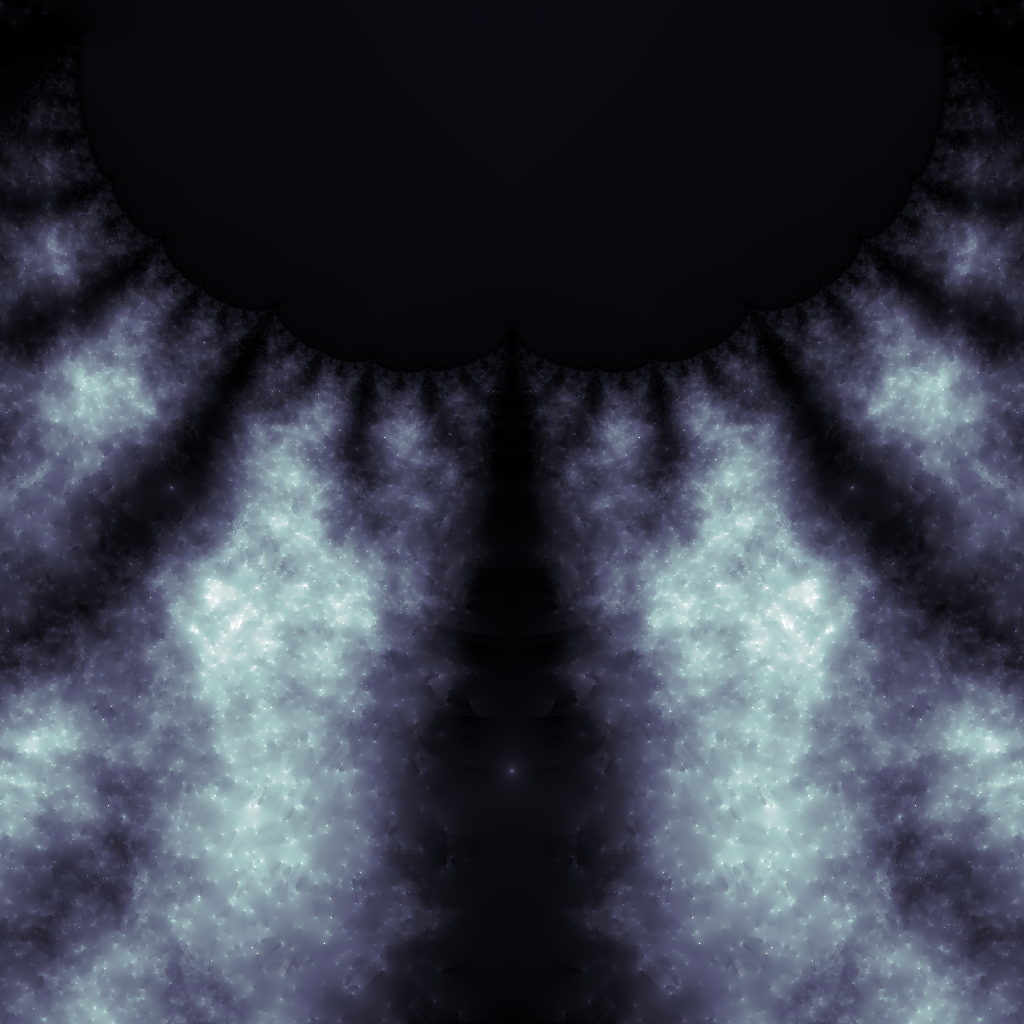 Bers galaxy: Small section of the hex torus Bers slice colored according to the generalized McShane's sum.  Parabolic words produce bright "stars" that fill out the indiscrete region.